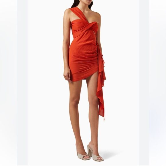 Just Bee Queen Solange Dress Chilli red mini one shoulder draped Revolve S - Picture 2 of 12